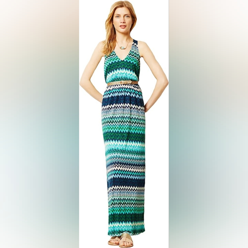 The Addison Story Blue Green Chevron Sleeveless Maxi Dress Women's Size Small S